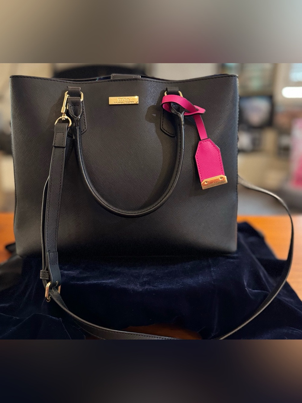 Trina Turk—Satchel Tote-Black Vegan Leather, Handles-Removable Cross Body Strap